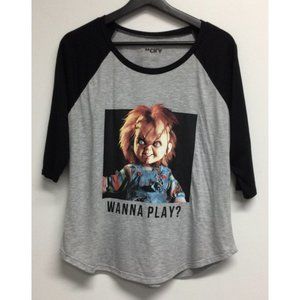 CHUCKY Childs Play Womens Wanna Play? T-shirt Size XL Gray Black